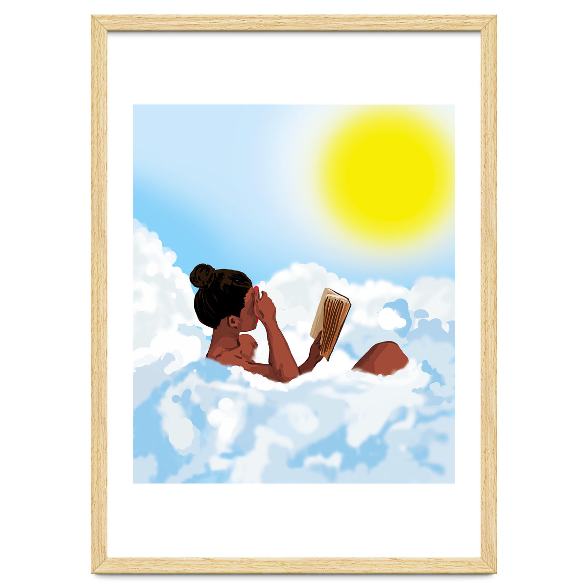 Reading on Clouds, Black Woman Summer Sunny Day Book Painting, Bohemian Nude