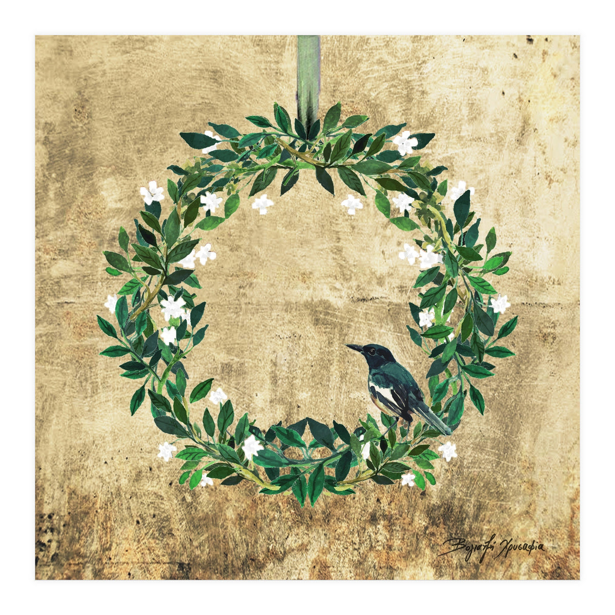 Wreath #White Flowers & Bird #Royal collection (Print Only)