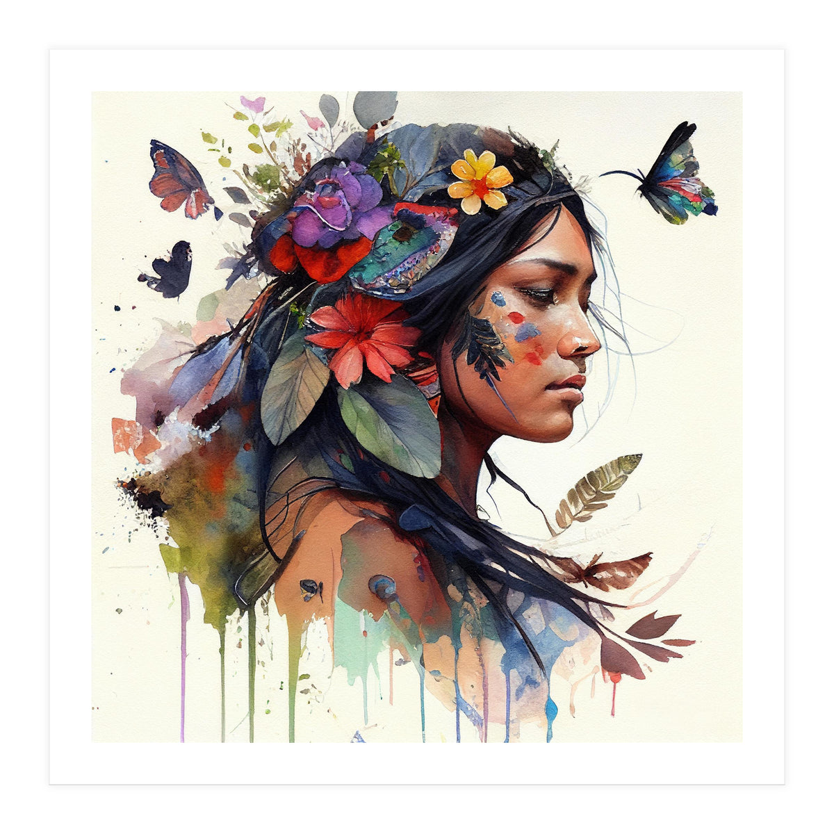 Watercolor Floral Indian Native Woman #15 (Print Only)