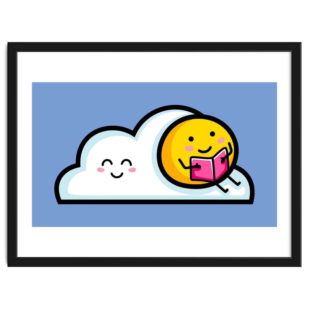 Kawaii Cute Sun Reading A Book On A Cloud