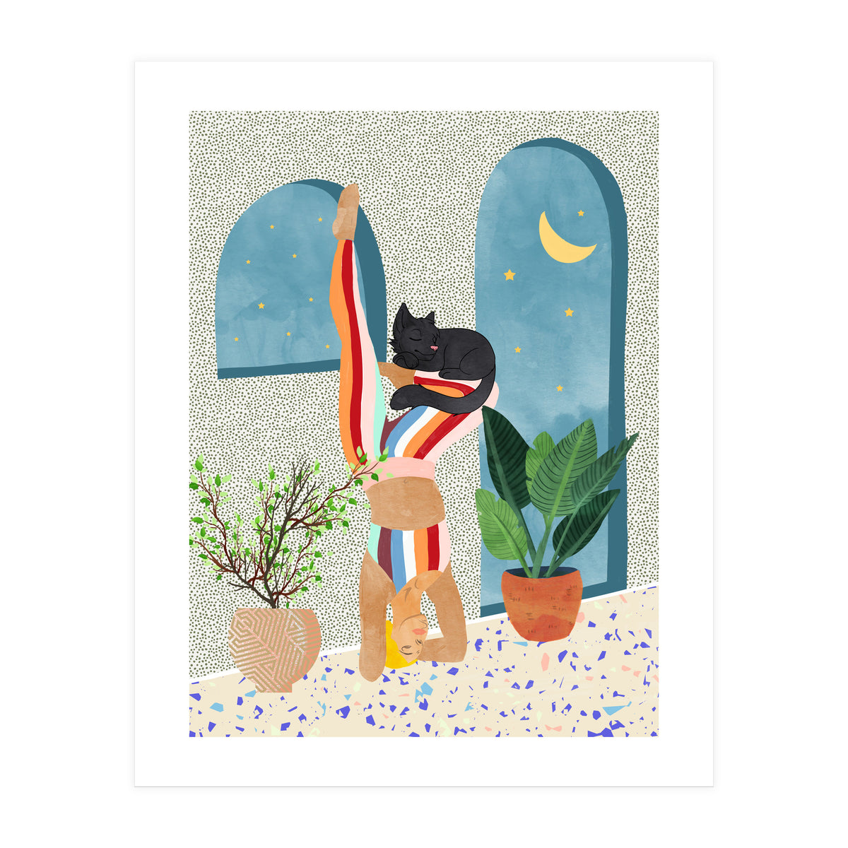 Headstand, Cat Yoga, Active Woman Workout, Eclectic Colorful Pets Terrazzo (Print Only)