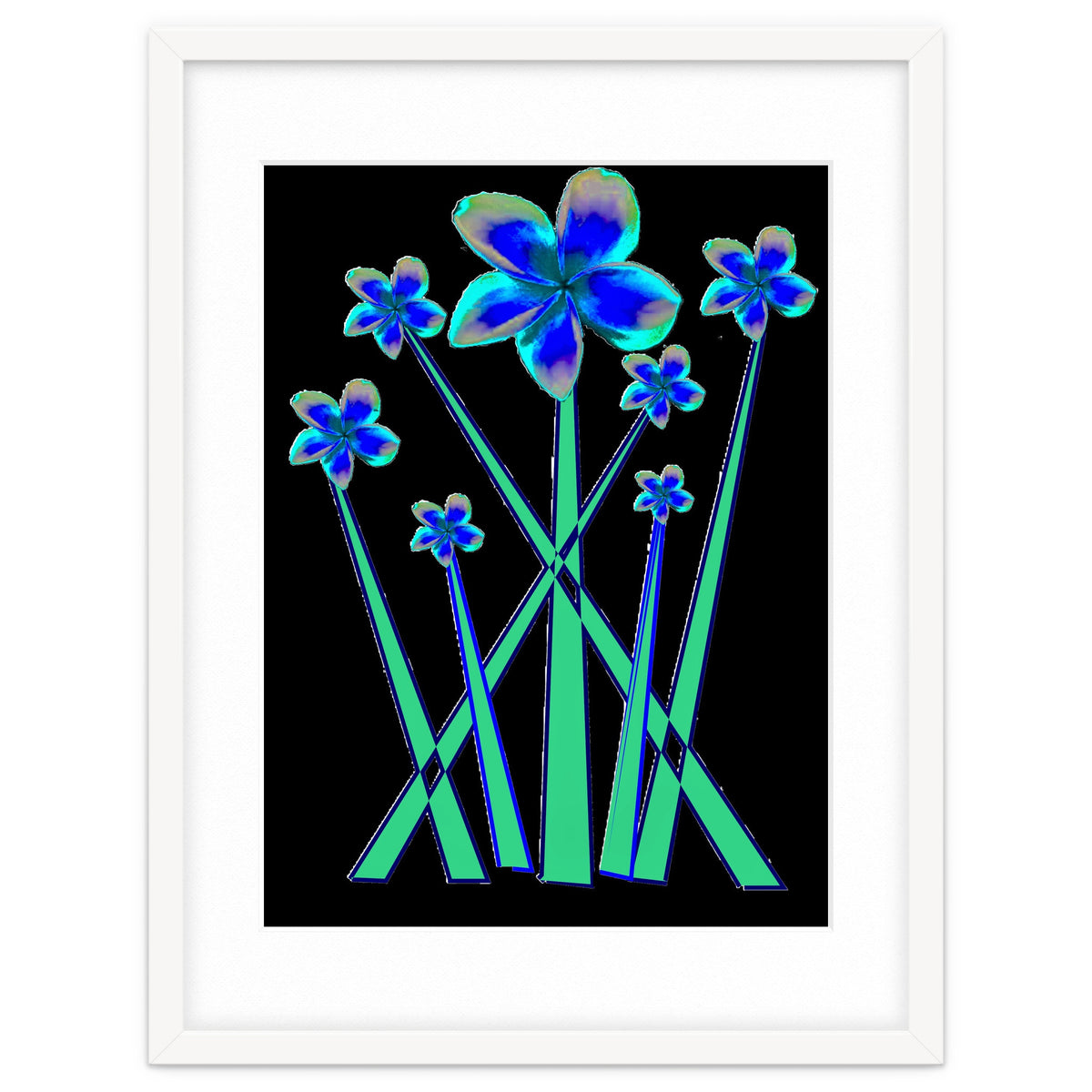 Blue flowers on black.
