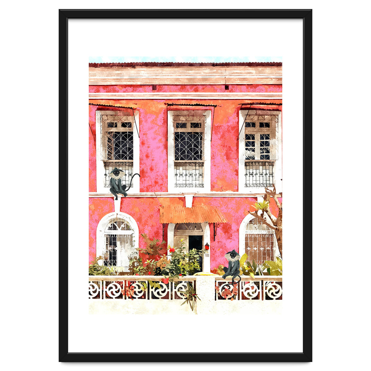 Monkey Business | Watercolor Tropical Goa Architecture Painting | Travel Pastel Pink Blush Building