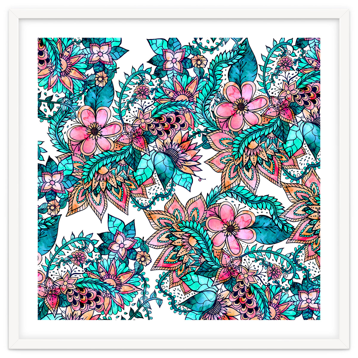 Boho turquoise pink floral watercolor illustration