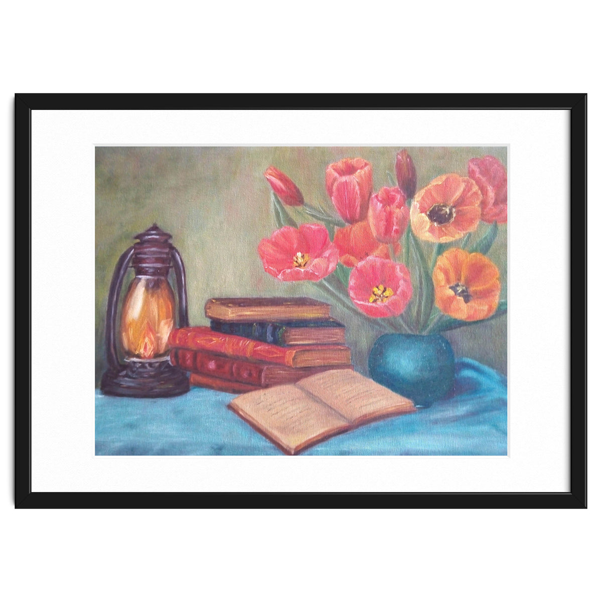 Still life with tulips, books and an old lamp.