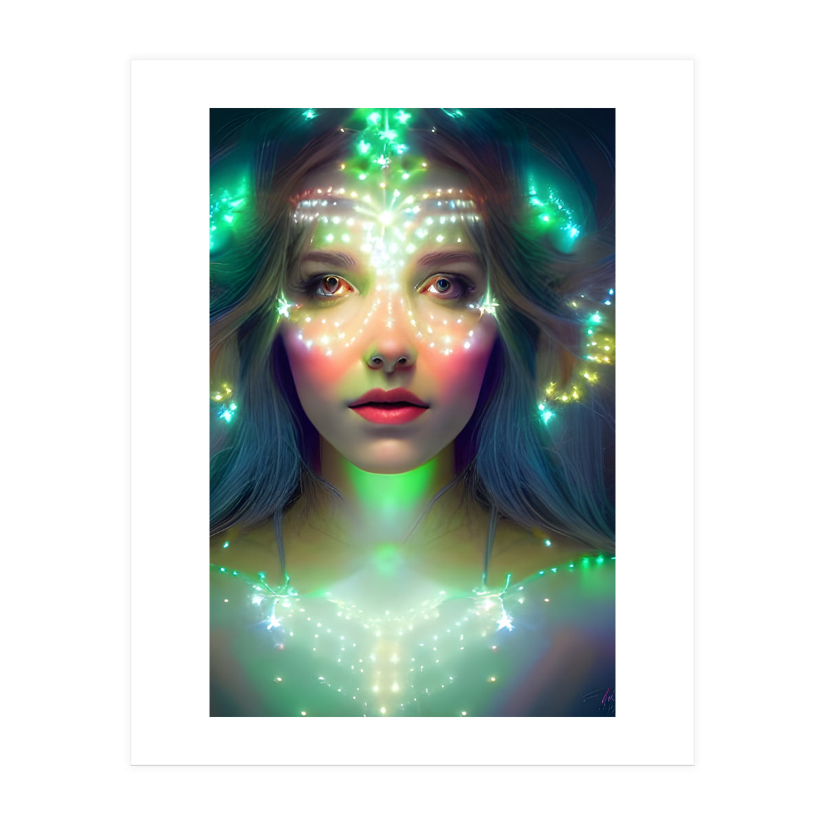 Glowing Green Stars - Goddess of Light Digital Fantasy Artwork (Print Only)