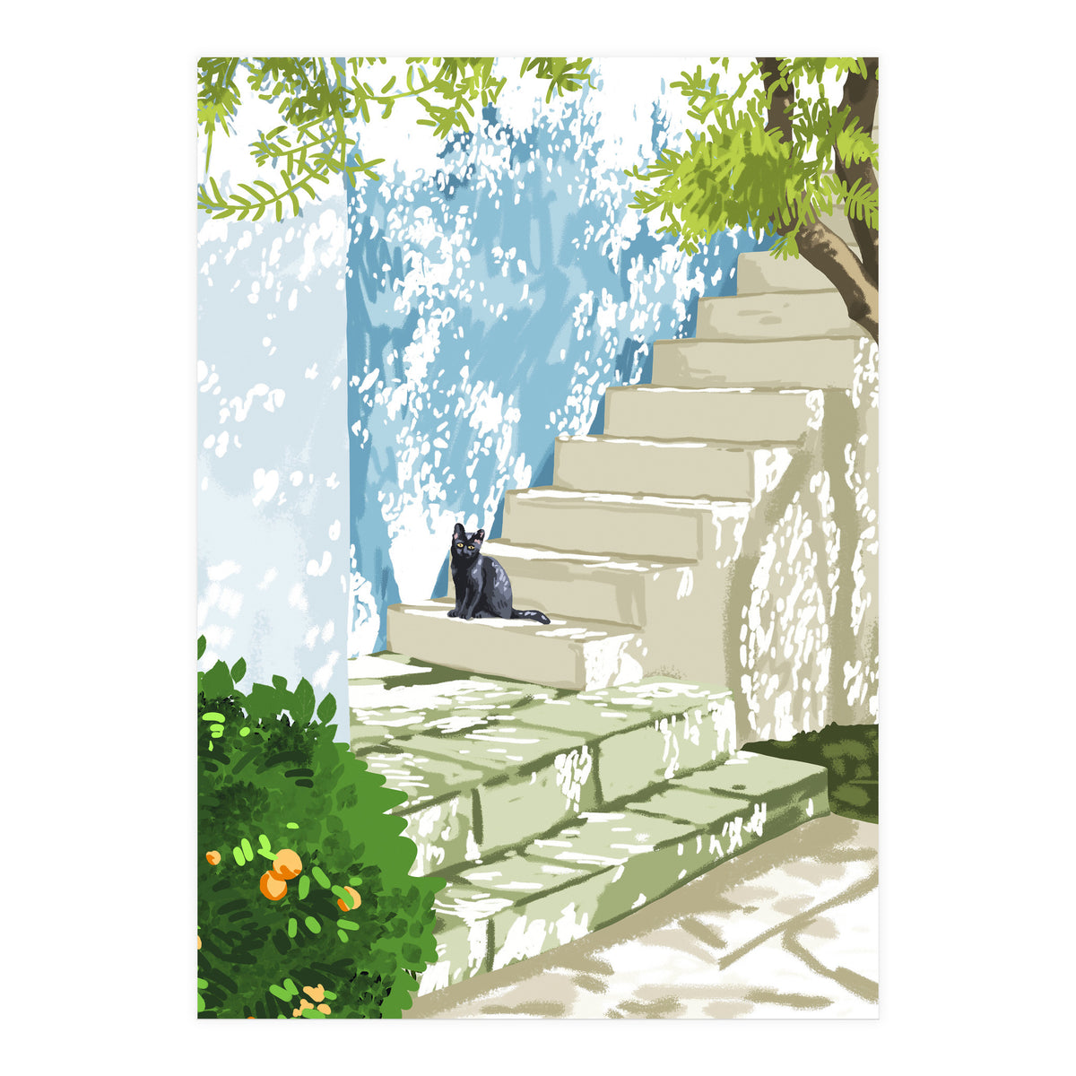 Black cat on the steps Poster, Greece Santorini summer travel pet painting (Print Only)