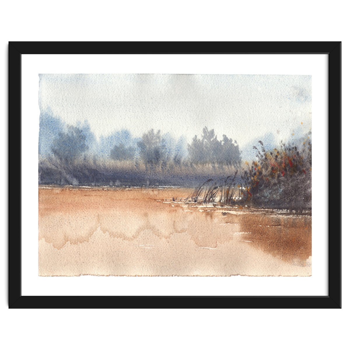 Landscape painting watercolor. Foggy
