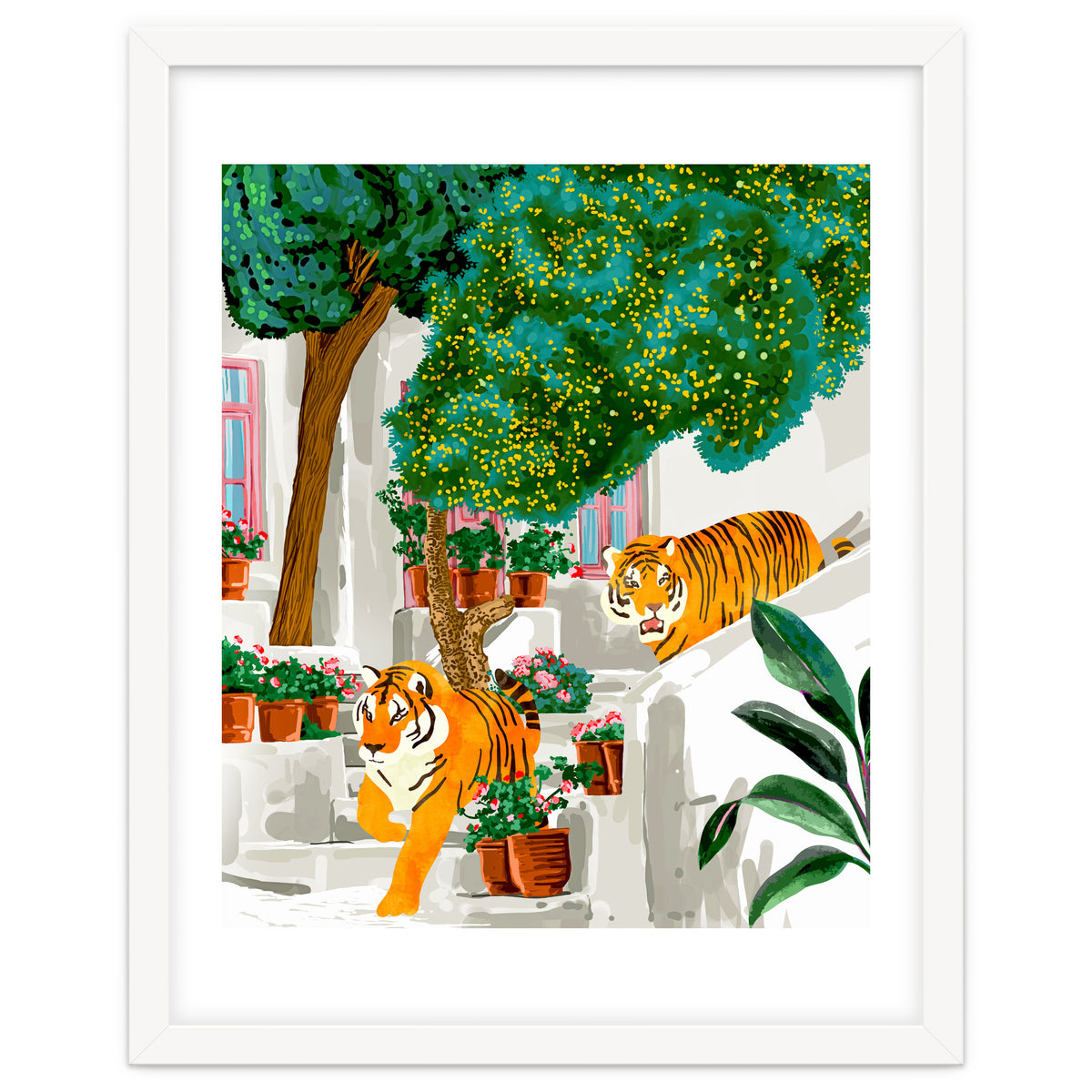 Tigers in Greece | Santorini Travel Architecture, Wildlife Animal Painting | Watercolor Illustration