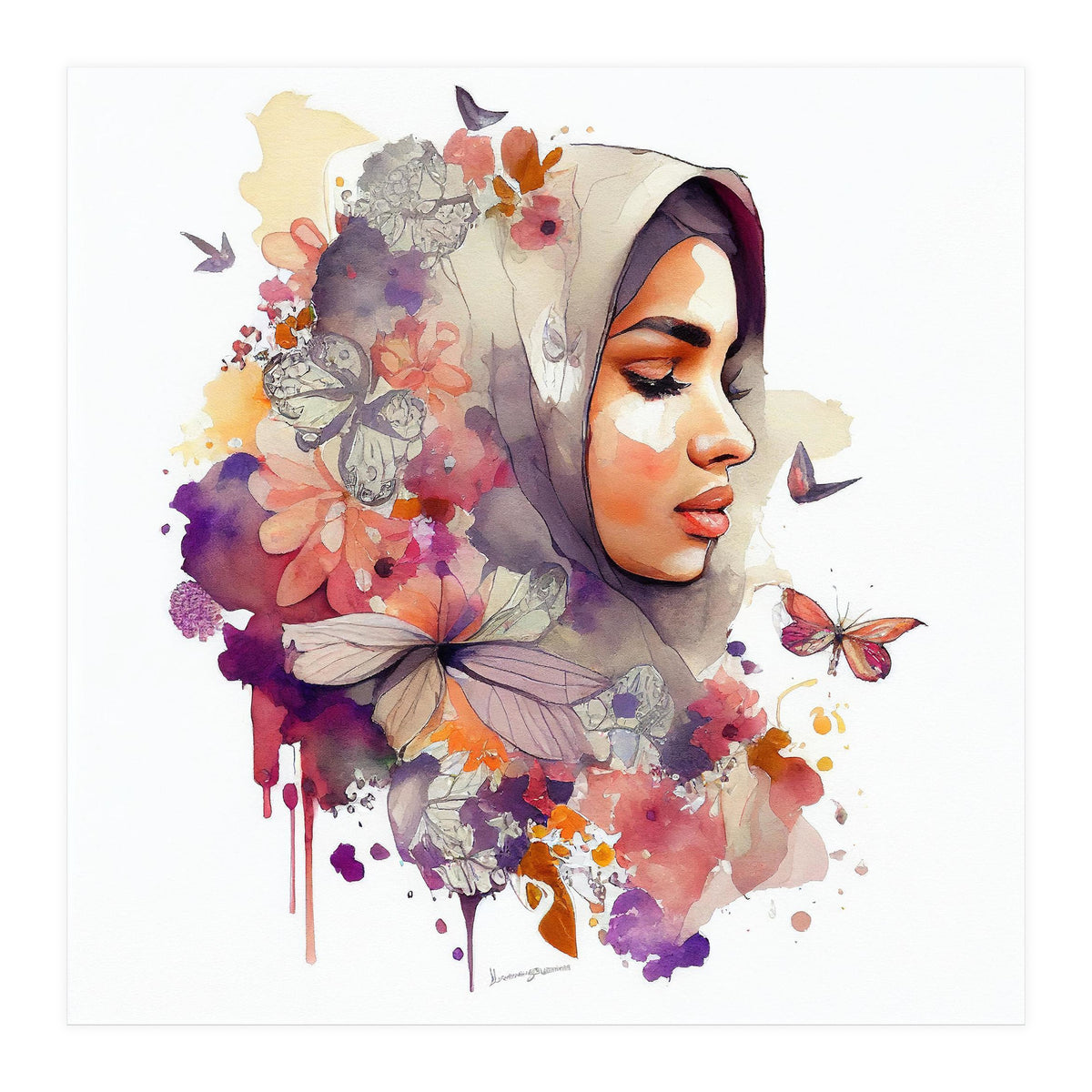 Watercolor Floral Muslim Arabian Woman #6 (Print Only)