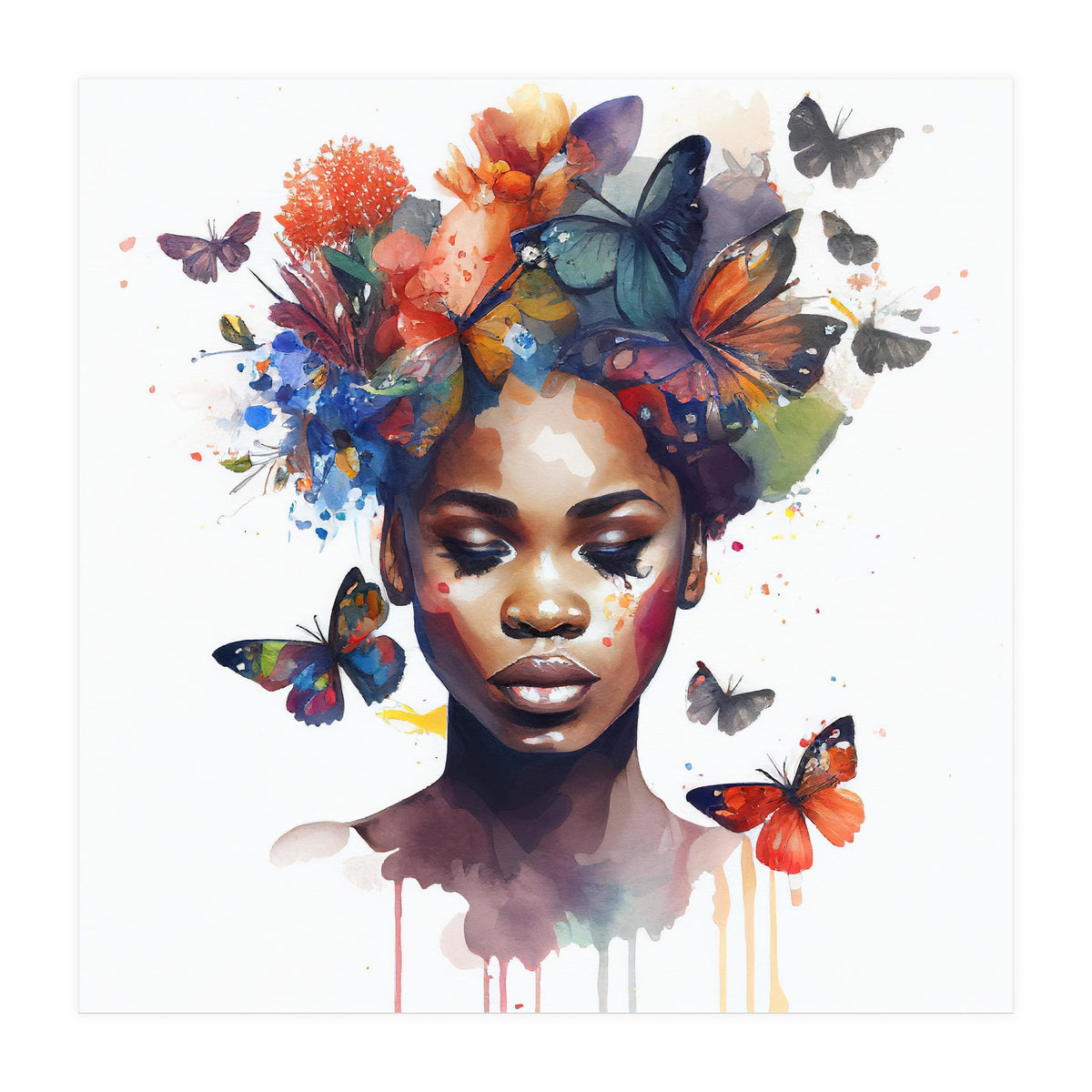 Watercolor Butterfly African Woman #4 (Print Only)