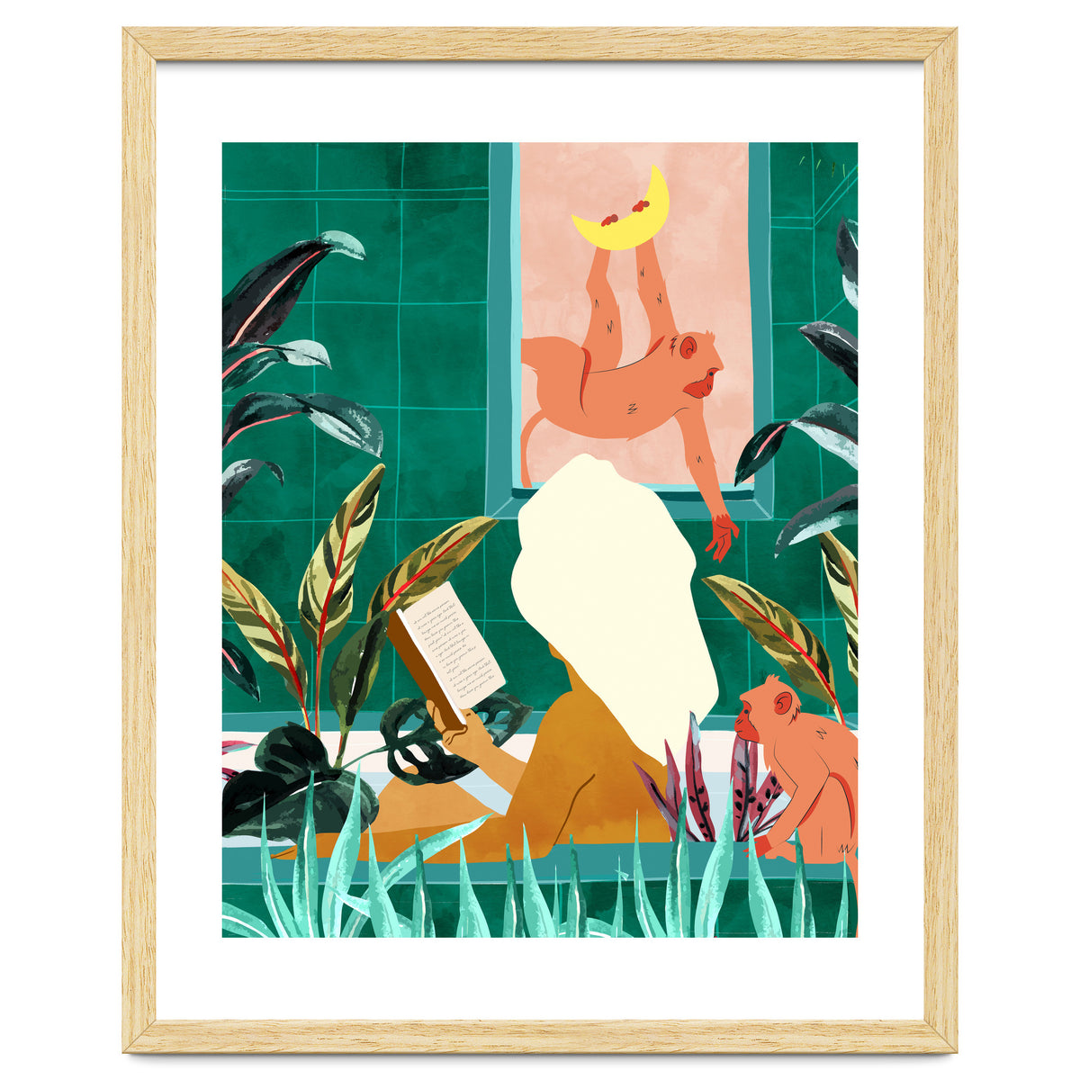 Urban Jungle Bath | Tropical Modern Bohemian Woman Bathtub | Pet Monkey Wild Animals Moon Watercolor