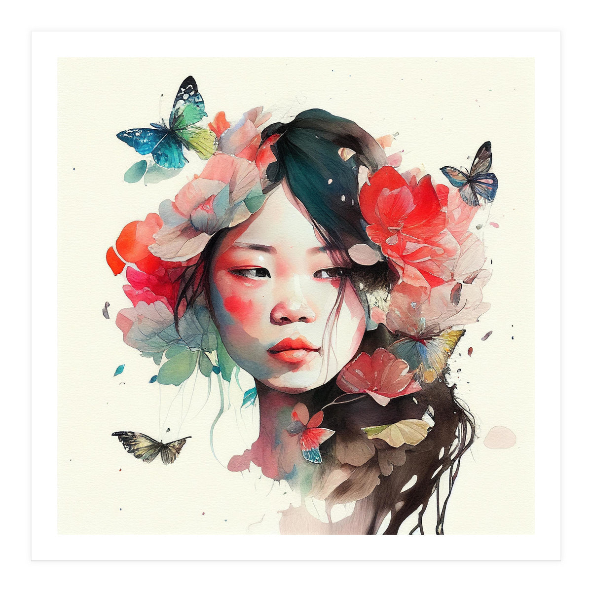 Watercolor Floral Asian Woman #8 (Print Only)