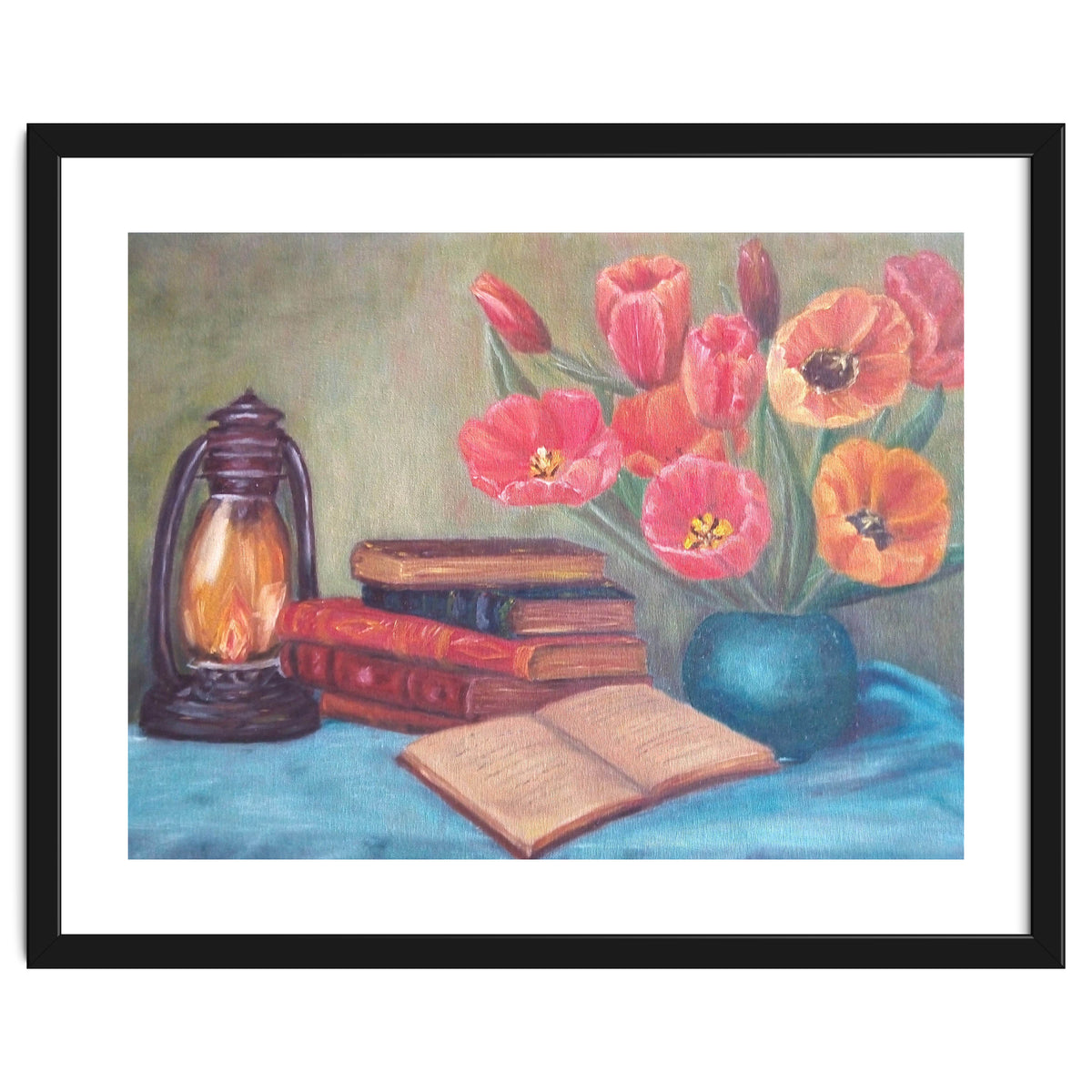 Still life with tulips, books and an old lamp.