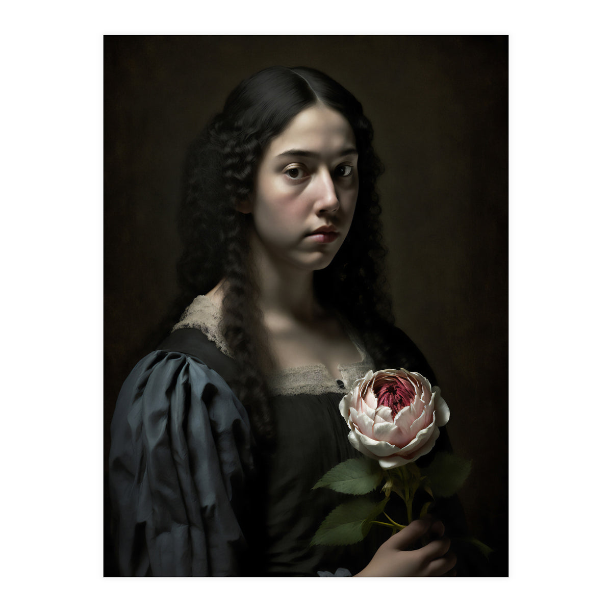 Sad Young Woman Moody Vintage Dark Painting  (Print Only)