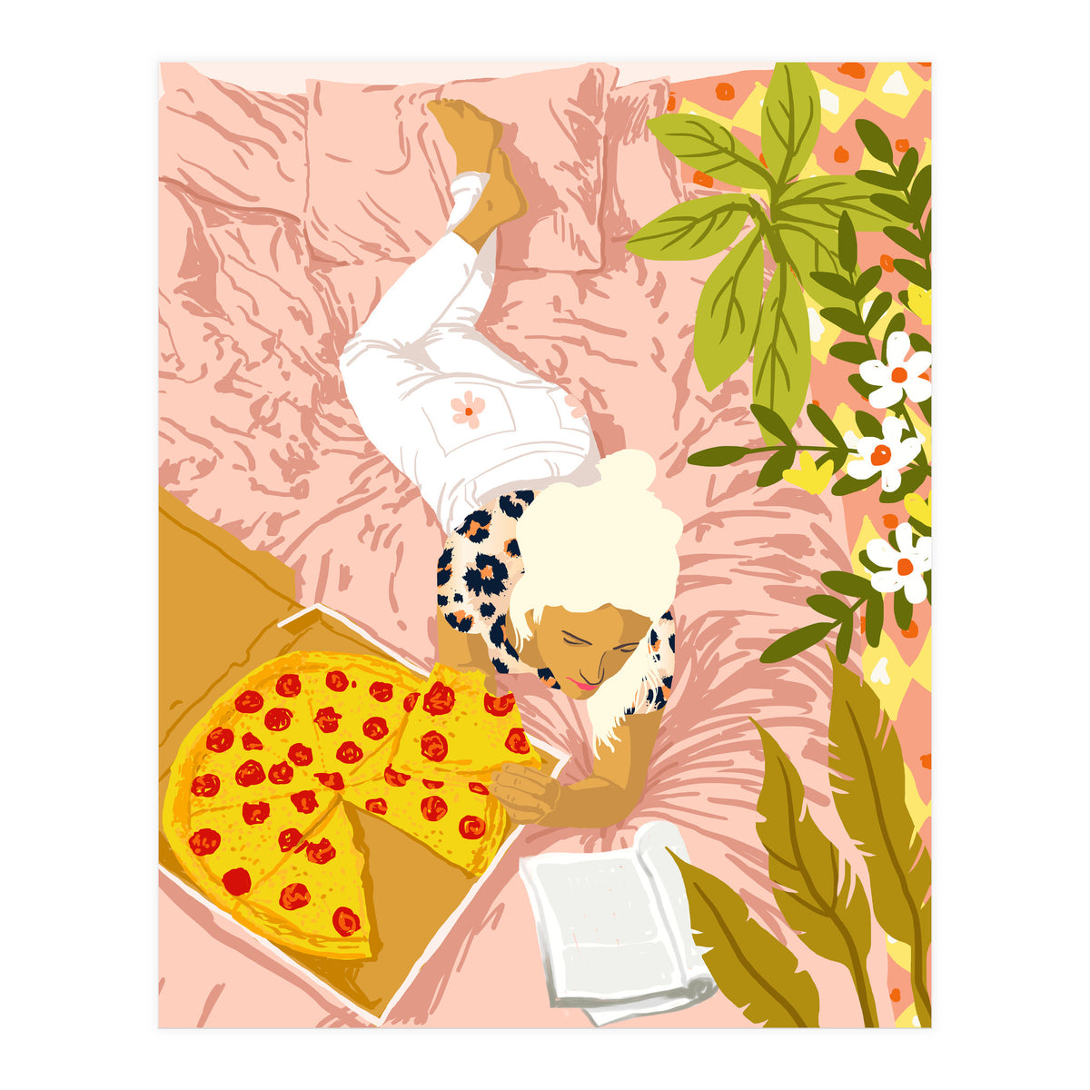 Pepperoni Pizza | Holiday Weekend Food Binge | Modern Bohemian Woman Reading in a Pastel Bedroom (Print Only)