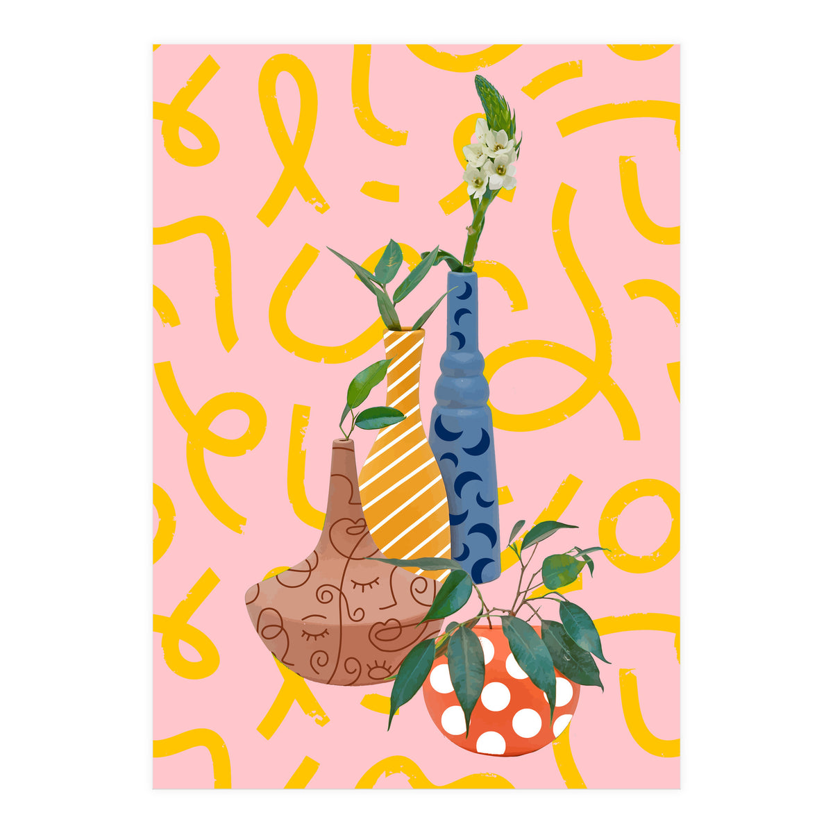 Modern Botanicals, Abstract Plant Pots, Quirky Nature Bohemian, Contemporary Decor (Print Only)