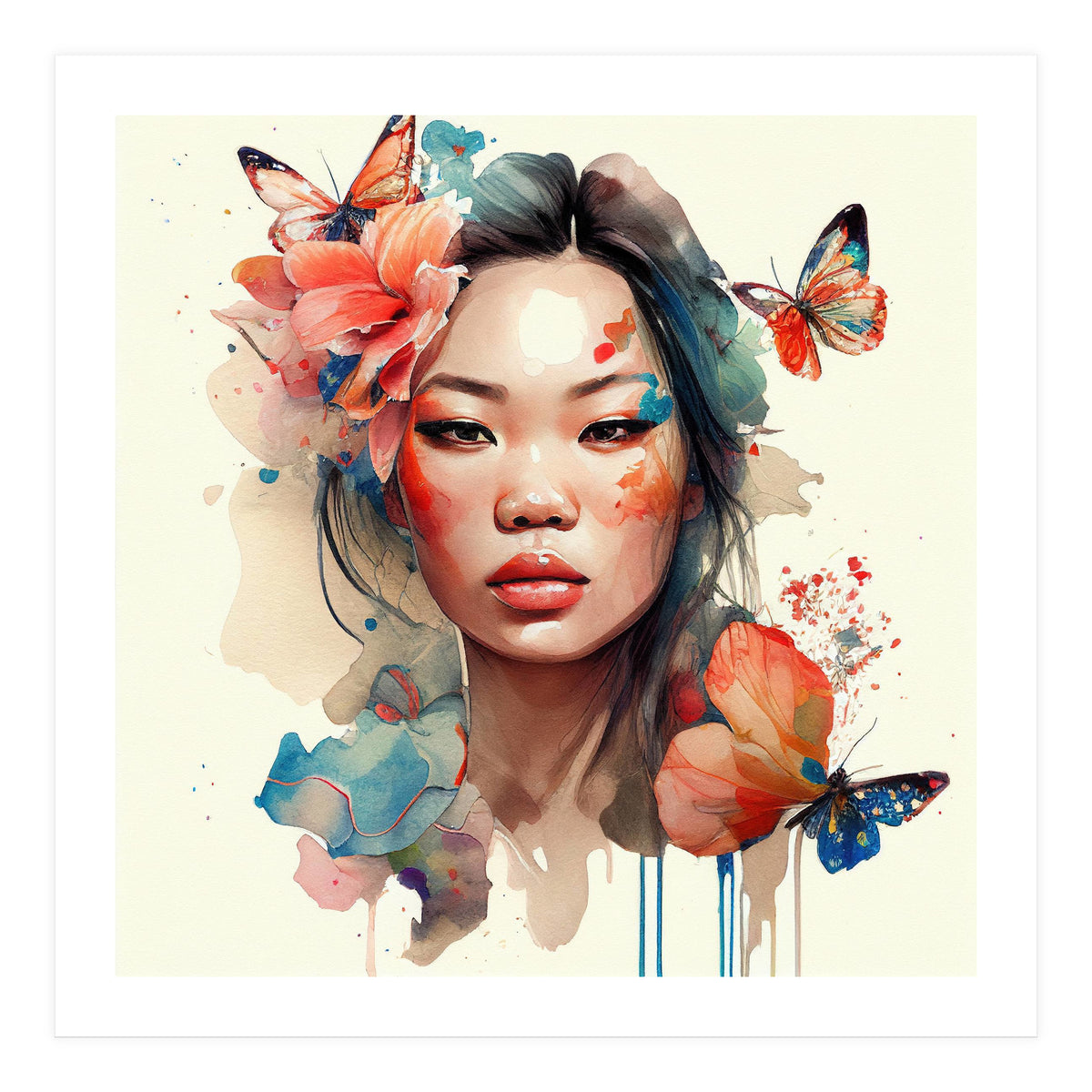 Watercolor Floral Asian Woman #1 (Print Only)