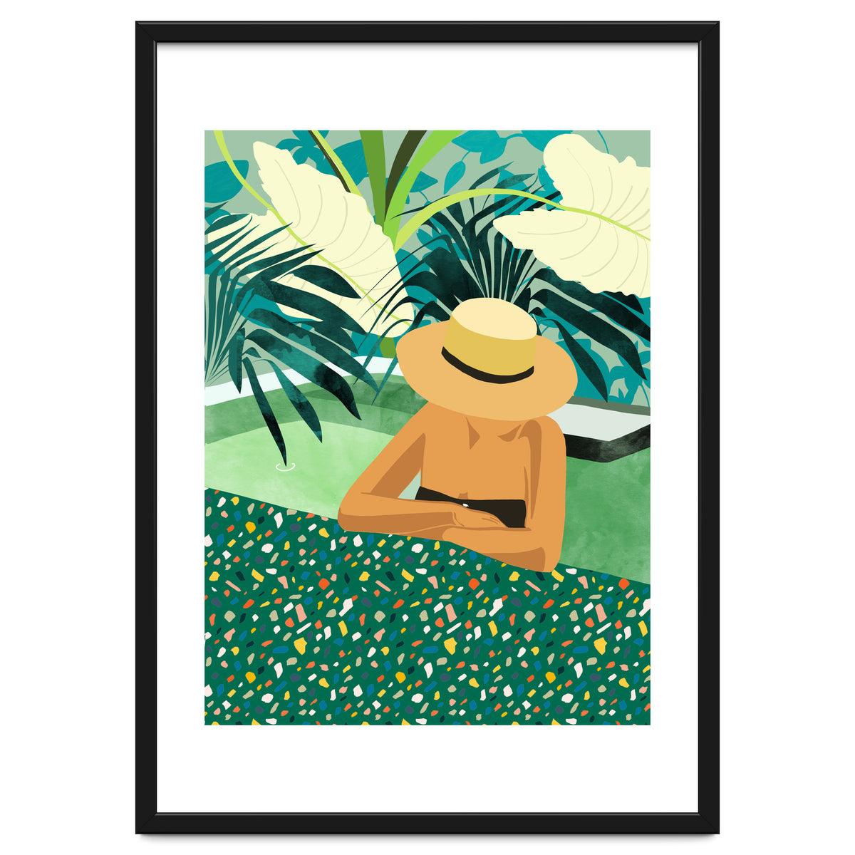 Chill, Modern Bohemian Black Woman Travel Illustration | Terrazzo Tropical Swimming Pool Fashion