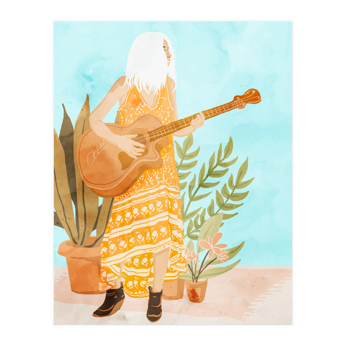 Music Soothes My Soul | Urban Hippie Bohemian Woman Playing the Guitar | Plant Lady Painting (Print Only)