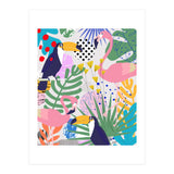 Tropical Spring | Pastel Quirky Modern Bohemian Jungle Botanical | Flamingo Palm Cockatoo Birds (Print Only) thumbnail
