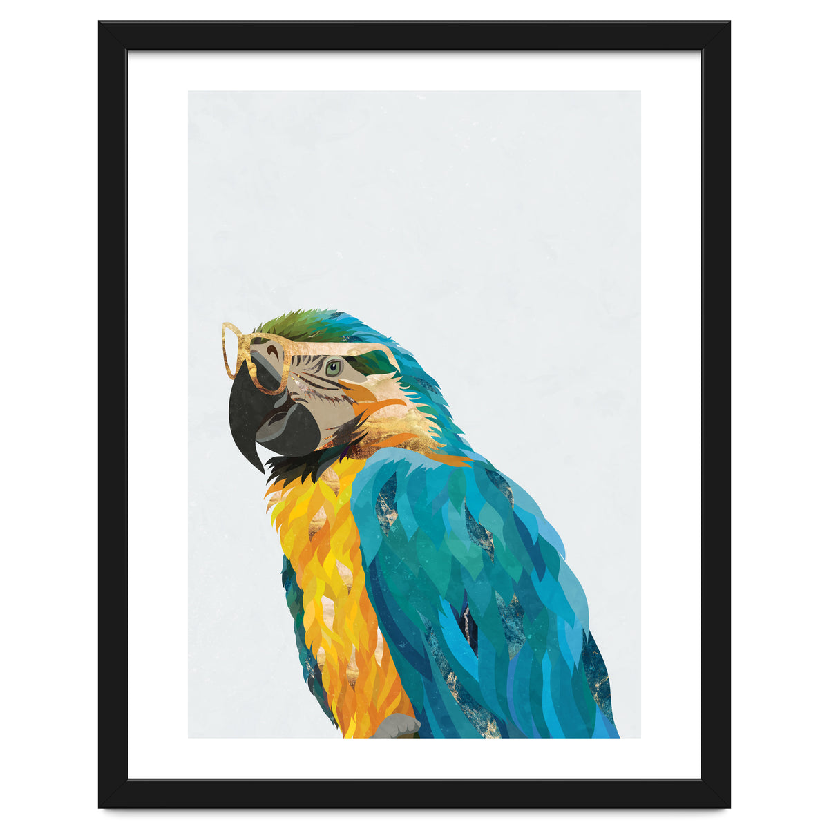 Macaw Portrait wearing gold glasses
