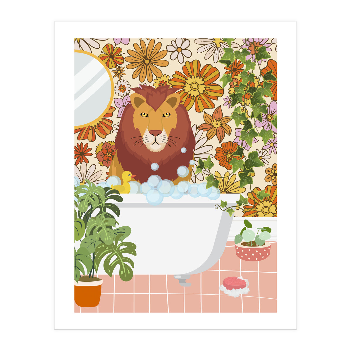 Lion Bathing on Groovy Bathroom (Print Only)
