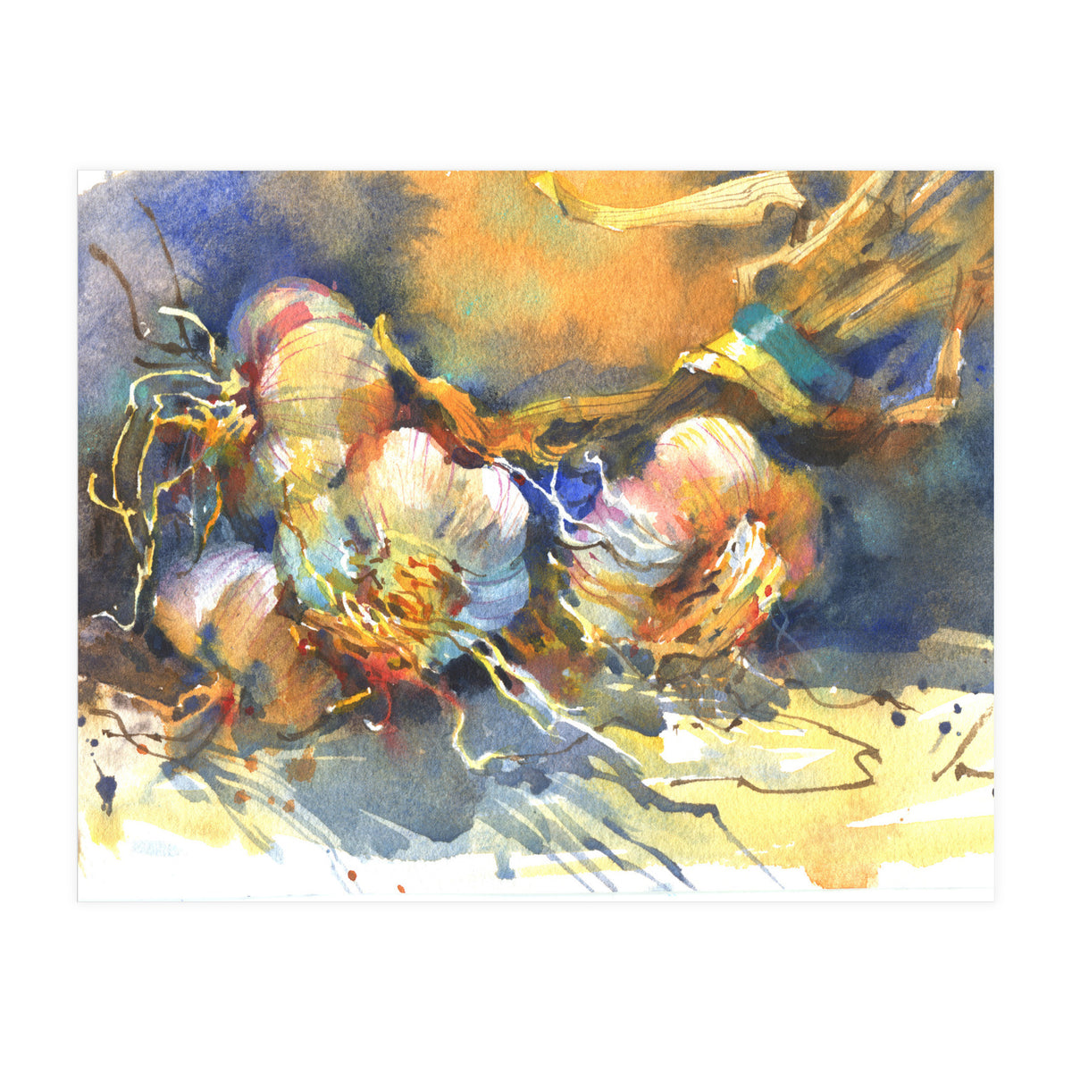Garlic still life watercolor painting for kitchen  (Print Only)