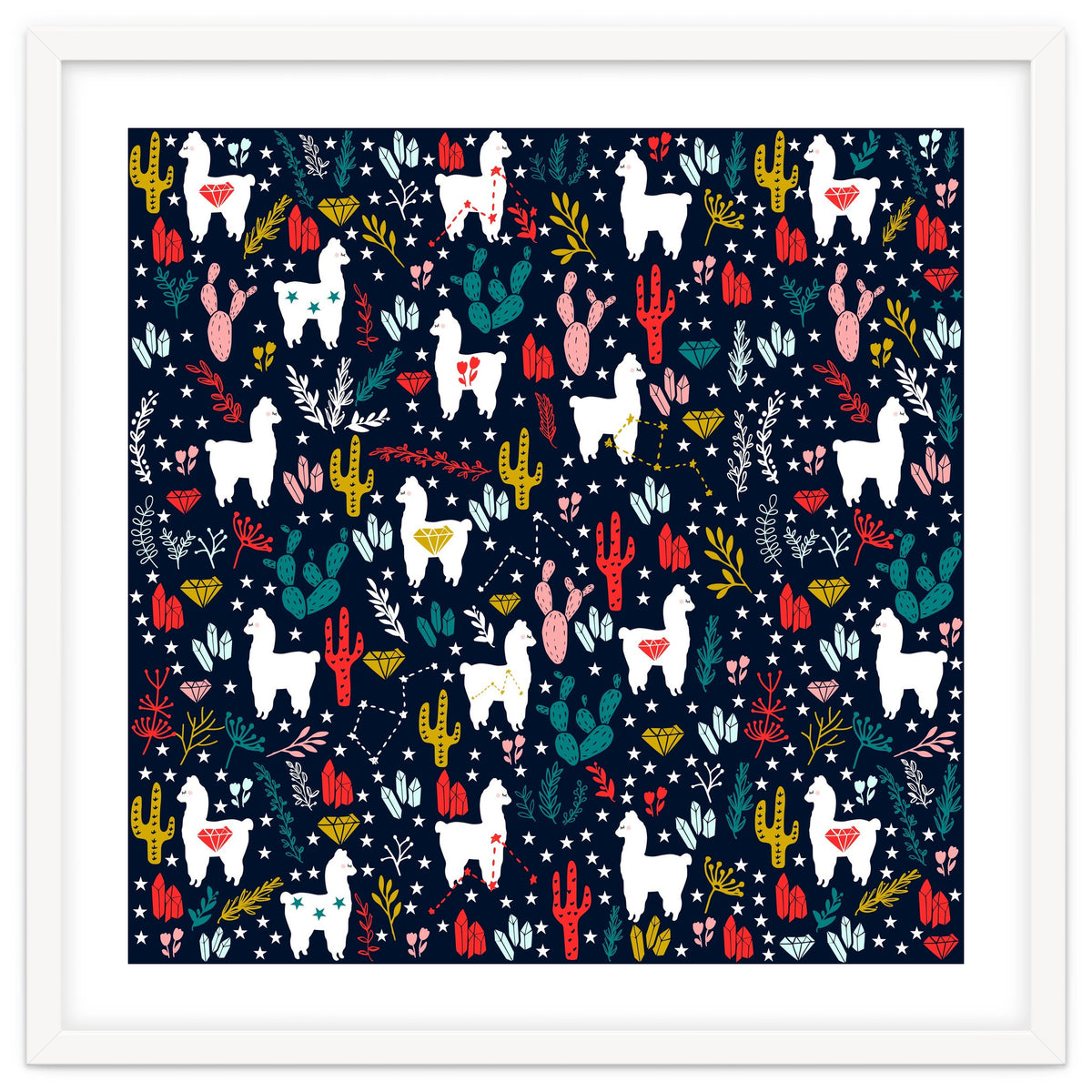 Cute Alpaca Pattern with Cacti, Stars and Crystals