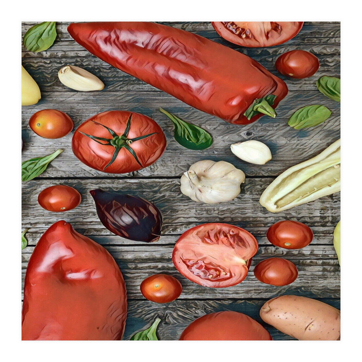 Tomatoes and bell peppers, healthy table (Print Only)