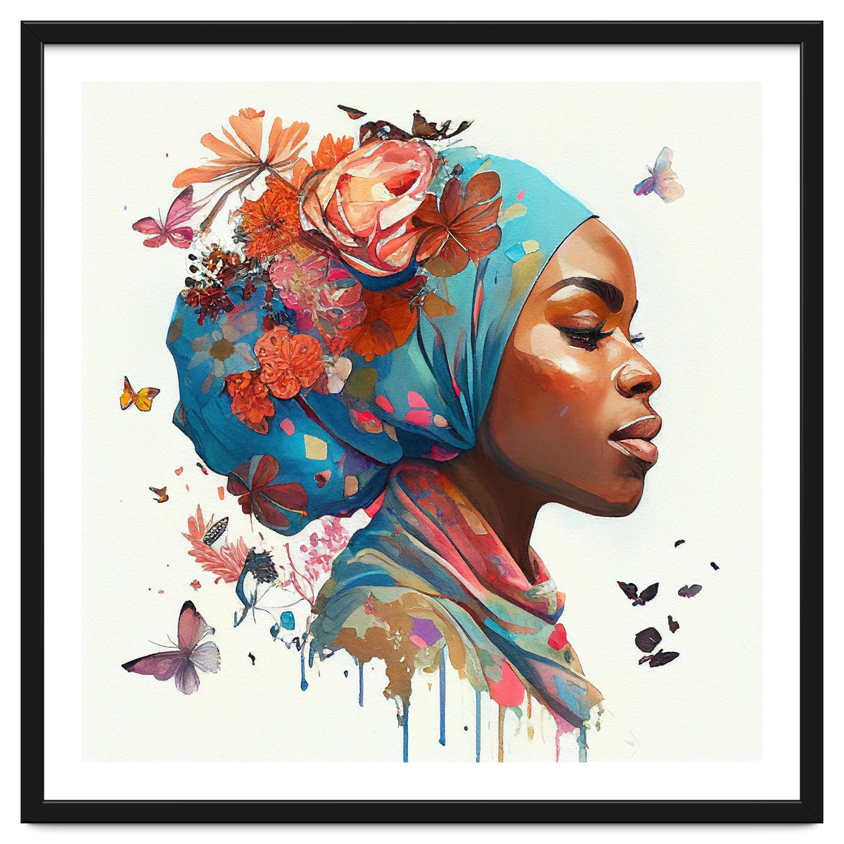 Watercolor Floral Muslim African Woman #2