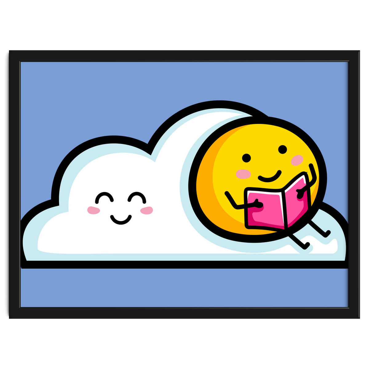 Kawaii Cute Sun Reading A Book On A Cloud