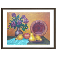 Still life with pears, roses and a dish.
