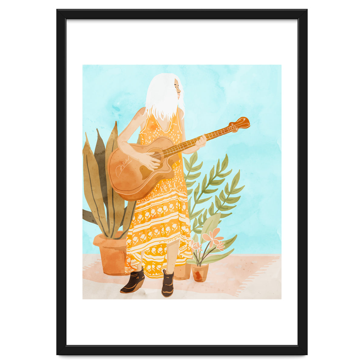Music Soothes My Soul | Urban Hippie Bohemian Woman Playing the Guitar | Plant Lady Painting