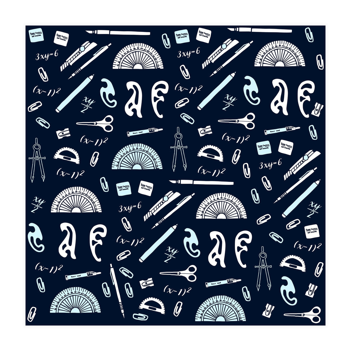 Mathematics and Geometry Pattern with protractors, mechanical pencils and erasers (Print Only)