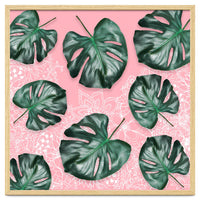Modern 3d green tropical monstera leaf photo on blush pink white floral illustration
