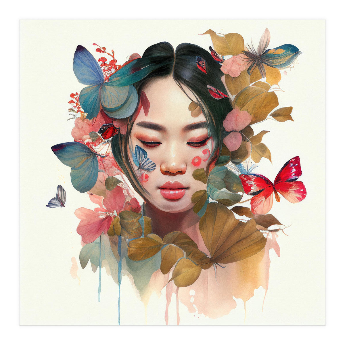 Watercolor Floral Asian Woman #9 (Print Only)