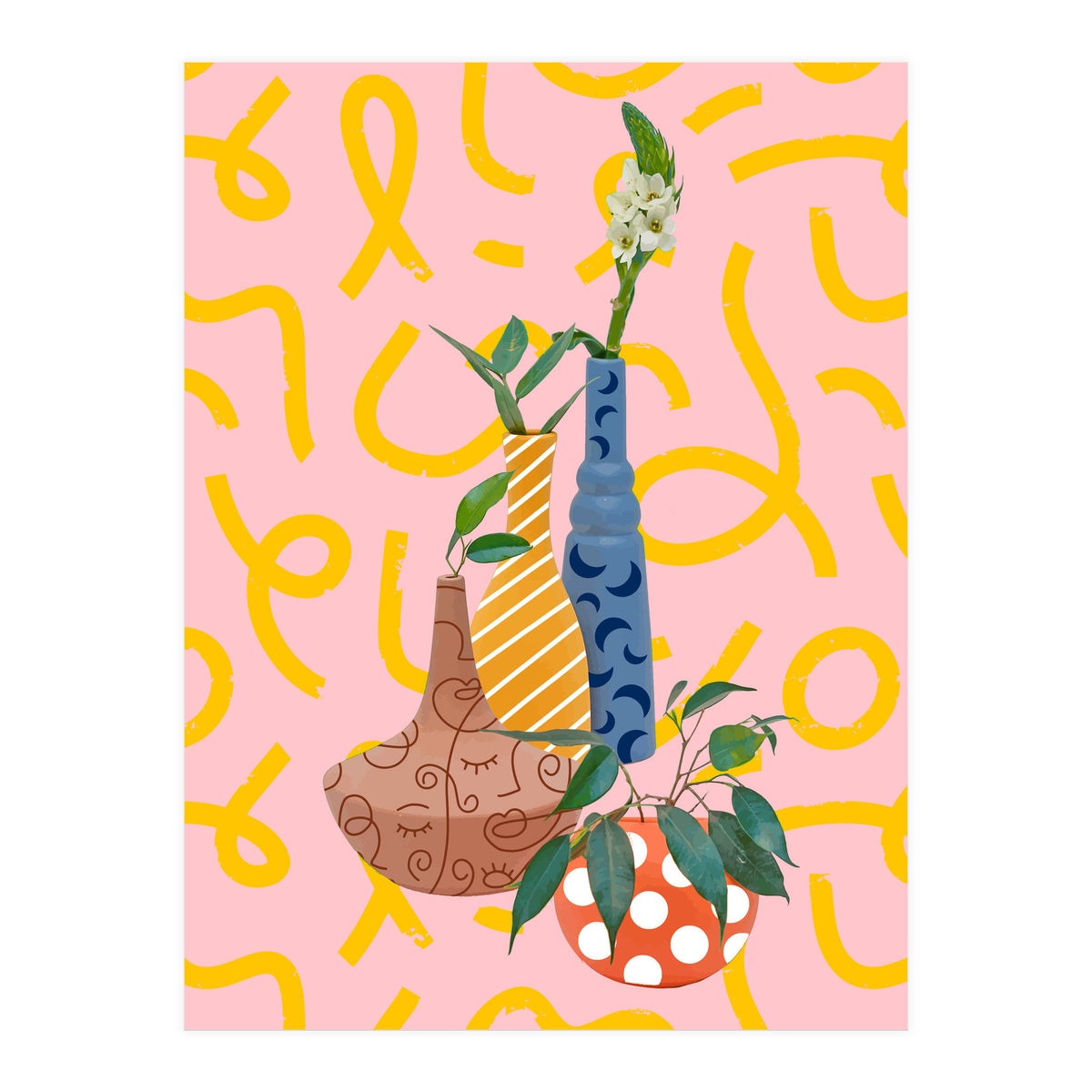 Modern Botanicals, Abstract Plant Pots, Quirky Nature Bohemian, Contemporary Decor (Print Only)