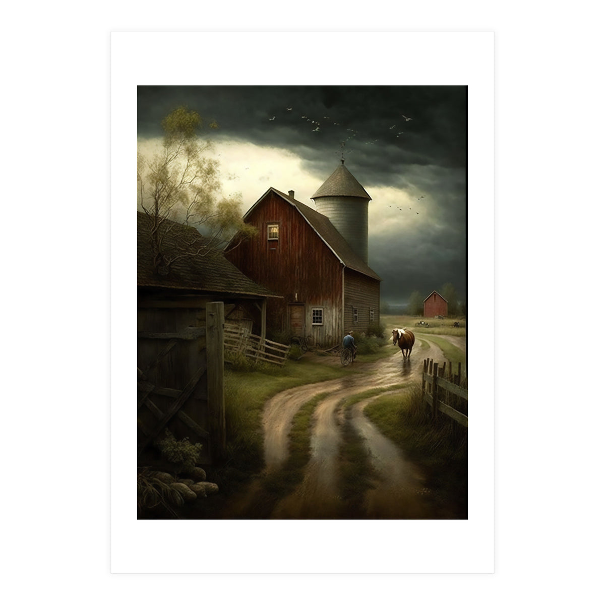 19th Century Farm Scene Oil Painting (Print Only)