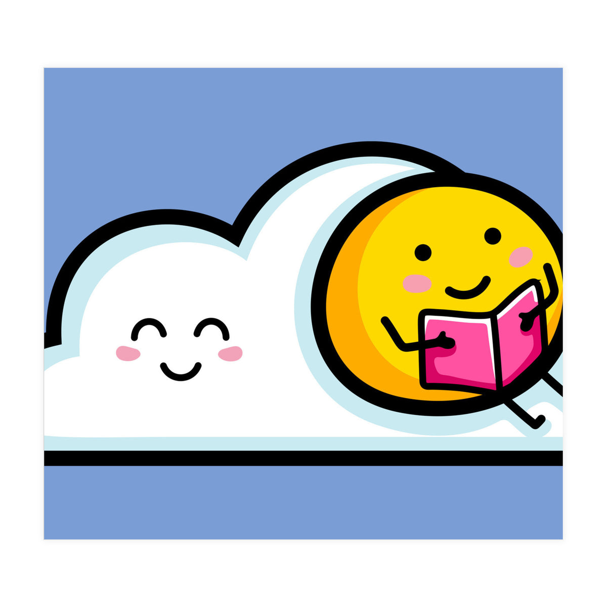 Kawaii Cute Sun Reading A Book On A Cloud (Print Only)