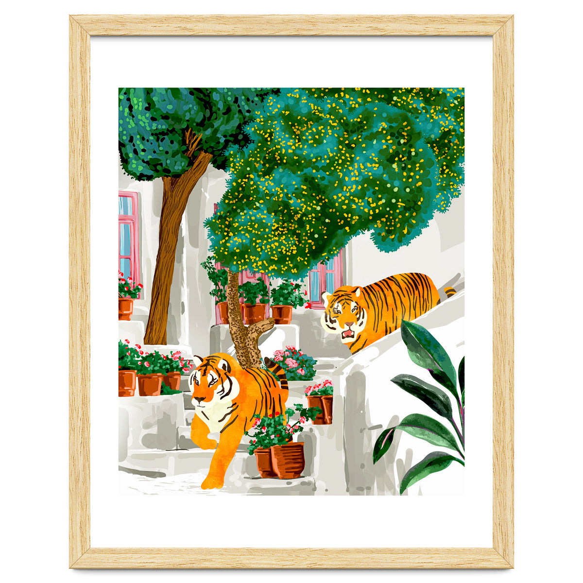 Tigers in Greece | Santorini Travel Architecture, Wildlife Animal Painting | Watercolor Illustration
