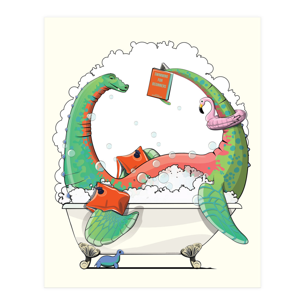 Dinosaur Plesiosaurus in the Bath, funny bathroom humour (Print Only)