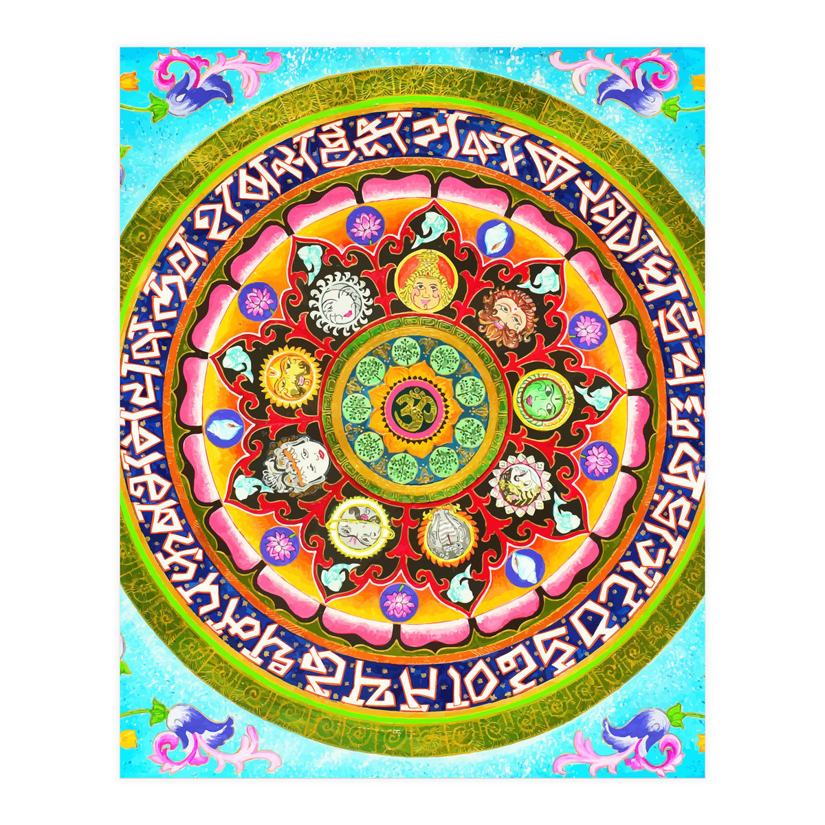 Chakra Mandala, Ayurveda Yoga Aum, Eclectic Colorful Bohemian Sun Sign Moon Sign Zodiac Astrology (Print Only)