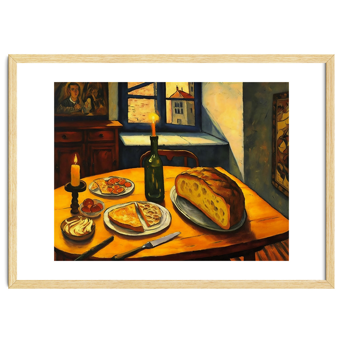 Table Setting of Bread and Cheese Oil Painting