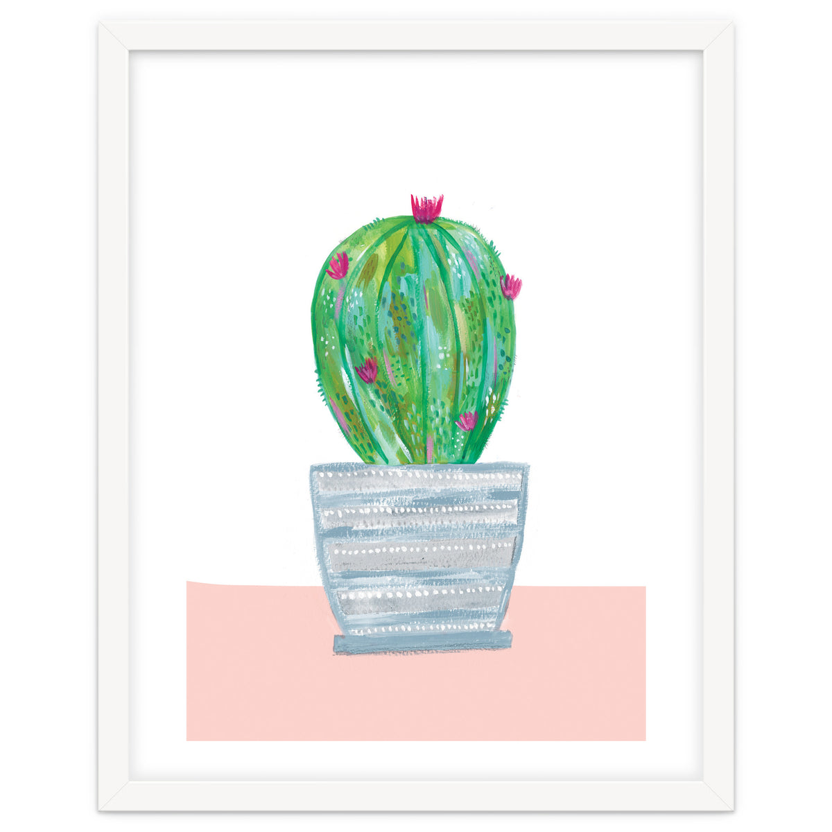 Painted Cactus In Blue Stripe Plant Pot