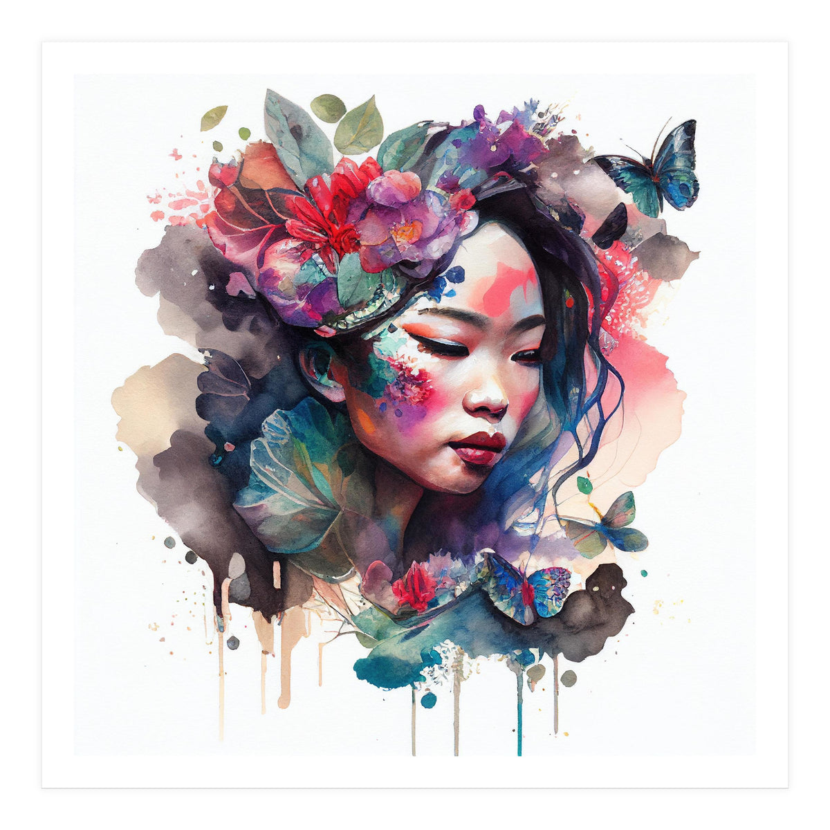Watercolor Floral Asian Woman #10 (Print Only)
