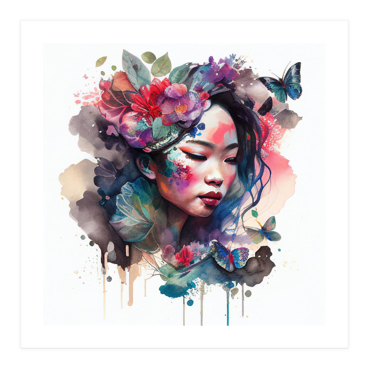 Watercolor Floral Asian Woman #10 (Print Only)