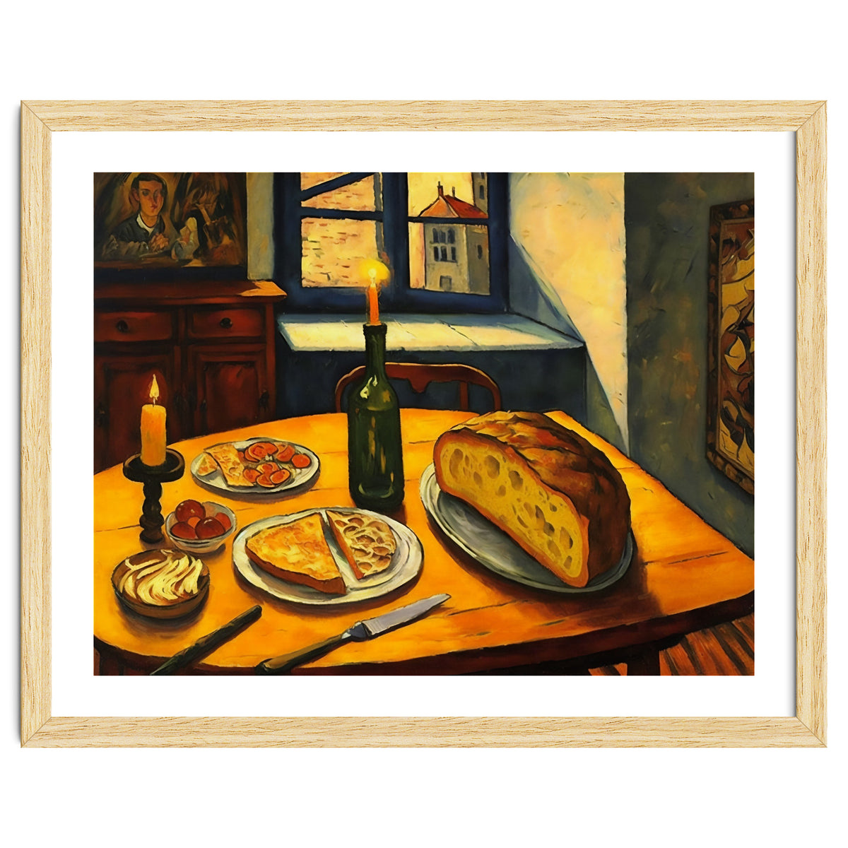 Table Setting of Bread and Cheese Oil Painting