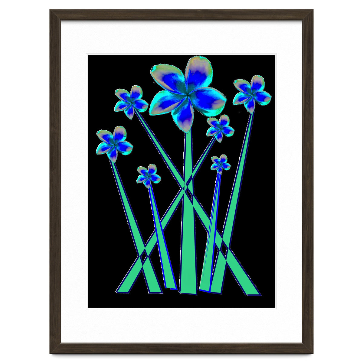 Blue flowers on black.
