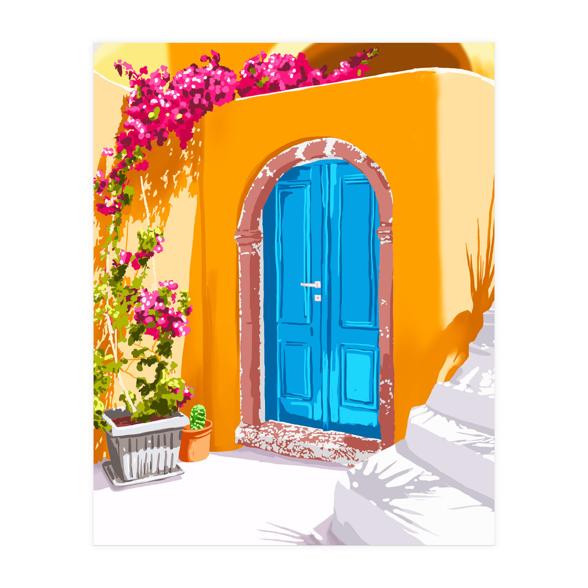 Sunny Morocco, Summer Architecture Greece Travel Painting, Boungainvillea Tropical Floral (Print Only)